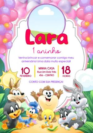 Convite de Aniversário Baby Looney Tunes Fofo para Editar