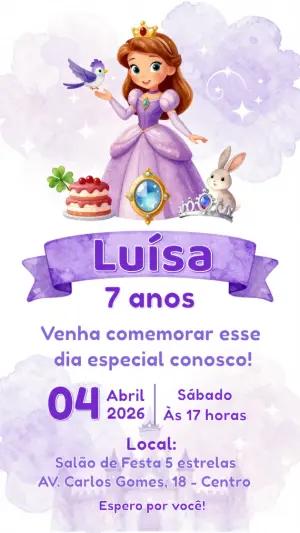 Convite Digital Princesa Sofia Aquarela Editável para Aniversário