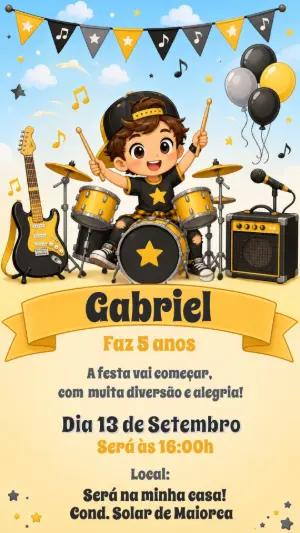 Convite de Aniversário Baterista: Modelo Digital para Editar