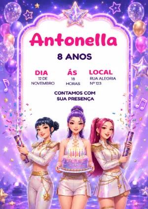 Convite Editável de Aniversário Guerreiras K-Pop Roxo e Rosa