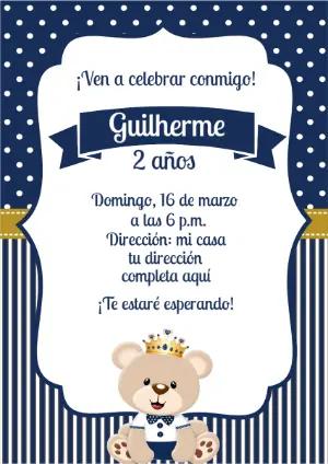 Invitación de Cumpleaños Osito Príncipe Azul Editable