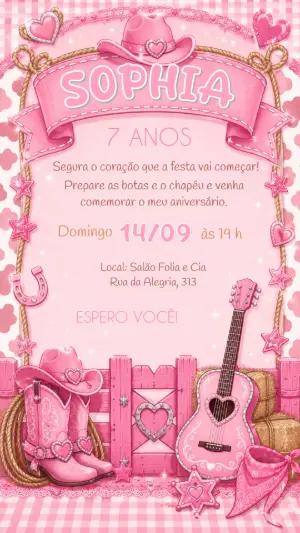 Convite de Aniversário Boiadeira Rosa Editável