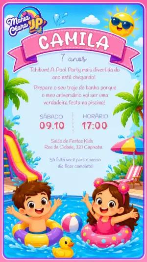 Convite de Aniversário Maria Clara & JP Pool Party Editável