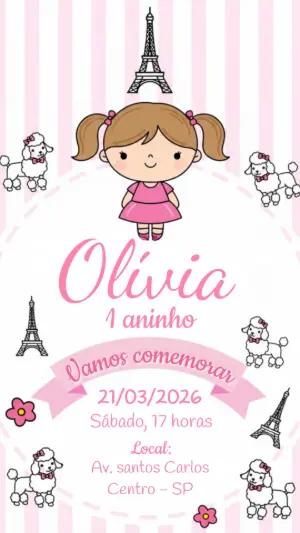 Convite Digital Aniversário Menina Paris Fofo para Editar