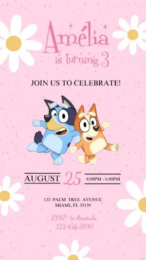 Editable Bluey & Bingo Birthday Invitation with Pink Daisies
