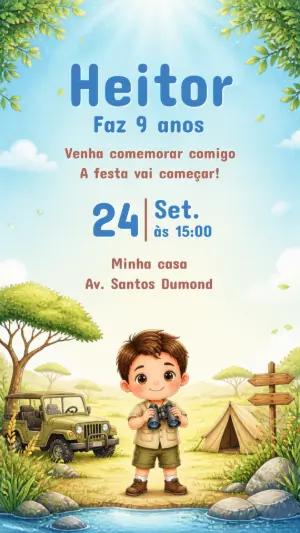 Convite de Aniversário Safári Menino Explorador Editável