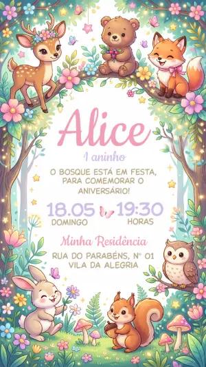 Convite de Aniversário Bosque Encantado com Animais Editável
