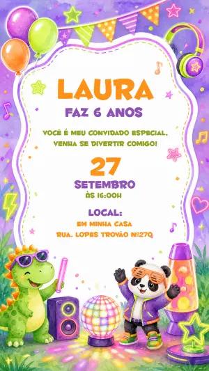 Convite de Aniversário Balada Neon com Dino e Panda Editável