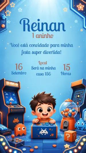 Convite de Aniversário Gamer Arcade para Editar Online