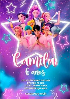 Convite Digital Guerreias do K-Pop com Estilo Neon para Editar