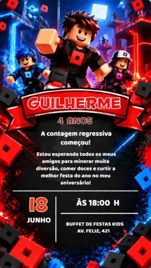 Convite de Aniversário Roblox Gamer Editável para Menino