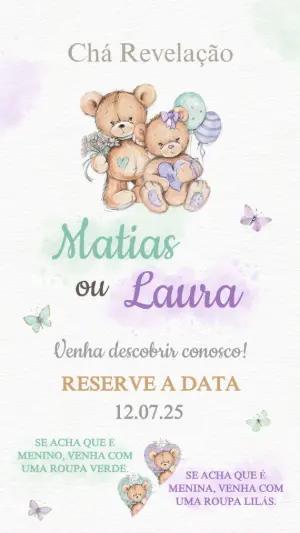 Convite Chá Revelação Ursinhos Aquarela para Editar Online