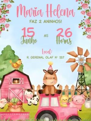 Convite Aniversário Fazendinha Rosa de Menina para Editar