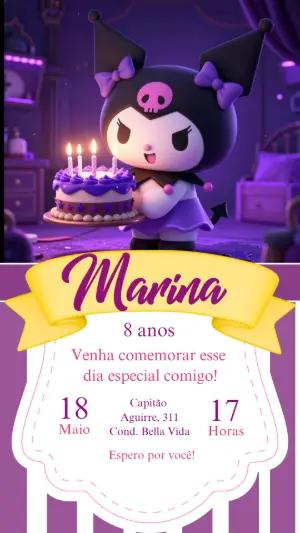 Convite de Aniversário Kuromi Roxo e Preto para Editar