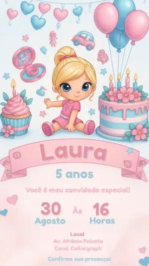 Convite Digital Aniversário Infantil Tema Boneca Retrô Editável