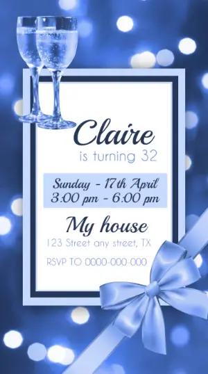 Elegant Blue Birthday Invitation with Champagne - Editable Template