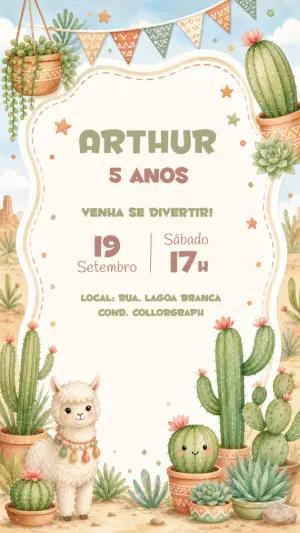 Convite Digital Aniversário Lhama Boho Editável