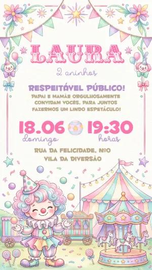 Convite Aniversário Circo Menina Candy Color Editável