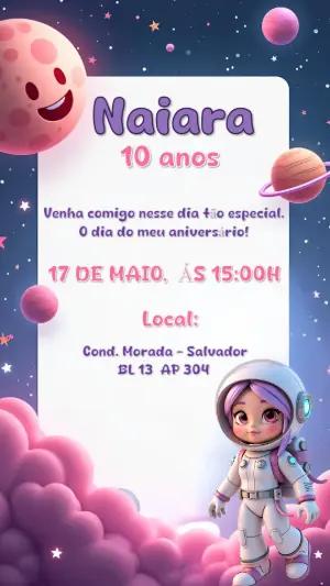 Convite Aniversário Astronauta Menina para Editar Online