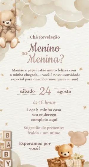 Convite Digital Chá Revelação Ursinhos Neutro para Editar