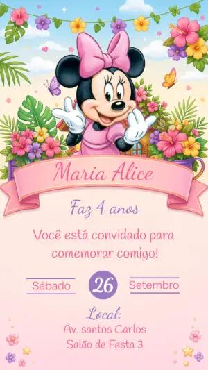 Convite Aniversário Minnie Mouse Tropical para Editar