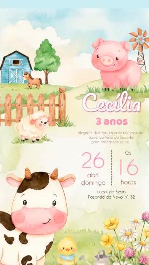Convite de Aniversário Fazendinha Menina Aquarela Editável