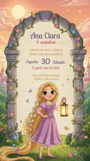 Convite de Aniversário Infantil Rapunzel Editável