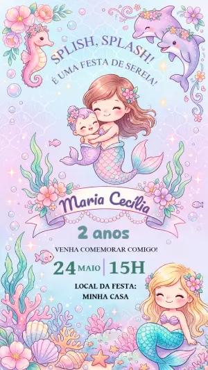 Convite de Aniversário Sereia Fofa Editável