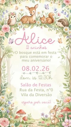 Convite de Aniversário Bosque Encantado Aquarela Editável