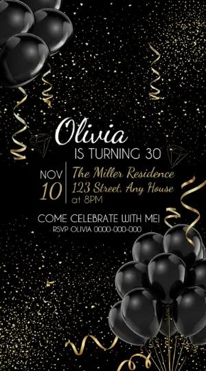 Elegant Black and Gold Birthday Invitation Editable Template