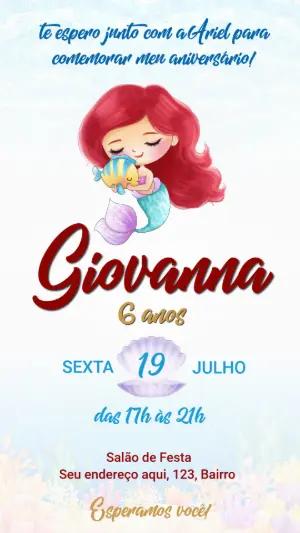 Convite Aniversário Pequena Sereia Ariel para Editar Online
