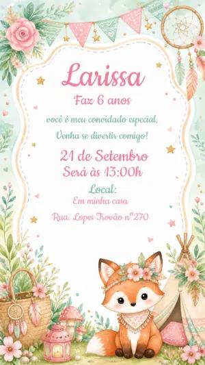 Convite de Aniversário Raposinha Boho Editável