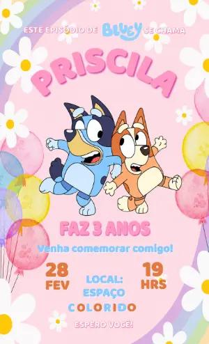 Convite de Aniversário Bluey Menina Colorido para Editar