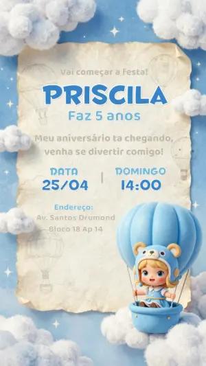 Convite Digital Aniversário Menina no Balão Azul Editável