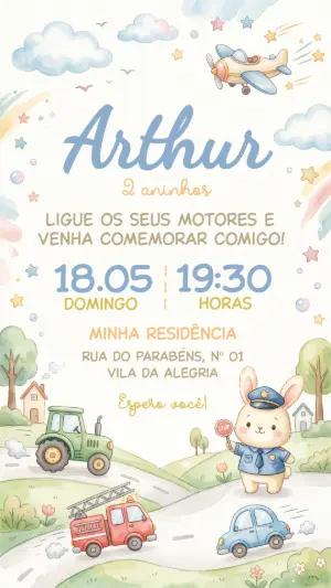 Convite de Aniversário Meios de Transporte Aquarela Editável