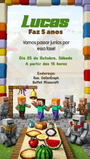 Convite de Aniversário Minecraft com Personagens para Editar Online