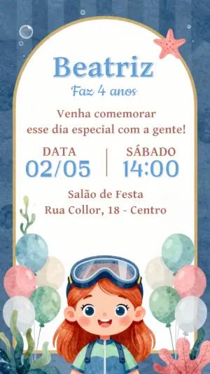 Convite de Aniversário Fundo do Mar Menina Editável