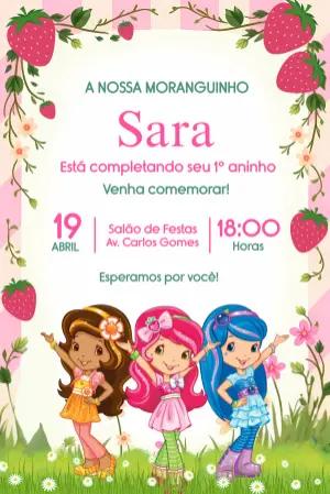 Convite Aniversário Moranguinho com Personagens para Editar Online