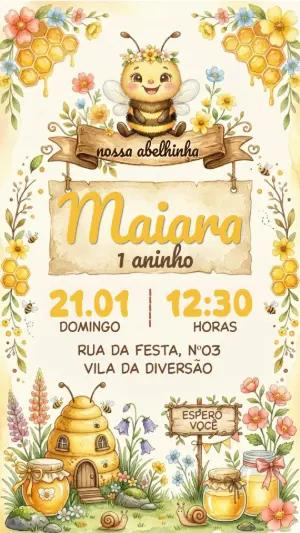 Convite de Aniversário Abelhinha Aquarela Editável