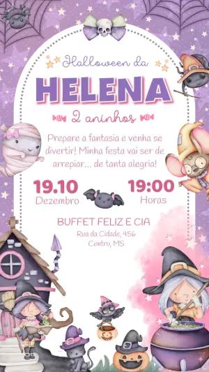 Convite de Aniversário Halloween com Bruxinhas para Editar Online
