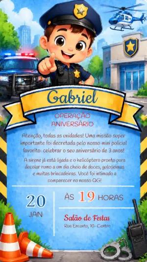 Convite de Aniversário Policial Infantil Editável