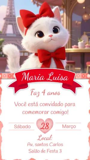 Convite de Aniversário Gatinha em Paris com Laço Vermelho Editável