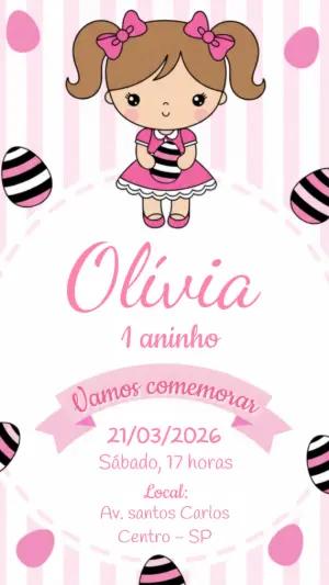 Convite de Aniversário Infantil Bonequinha Rosa Editável