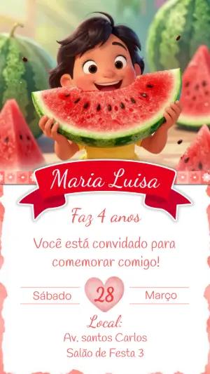 Convite de Aniversário Infantil Melancia Fofo para Editar