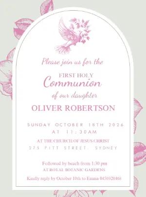 Elegant First Communion Invitation with Dove to Edit Online