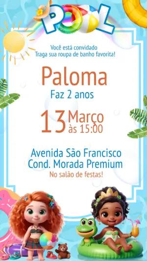 Convite Aniversário Princesas Pool Party para Editar Online