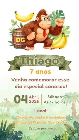 Convite de Aniversário Donkey Kong Estilo Selva Editável
