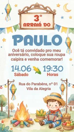 Convite Arraiá de Aniversário Menino Aquarela Editável