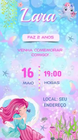 Convite Aniversário Sereia Fundo do Mar Modelo Digital para Editar