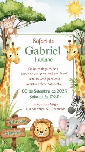Convite Aniversário Safari com Animais Fofos para Editar Online